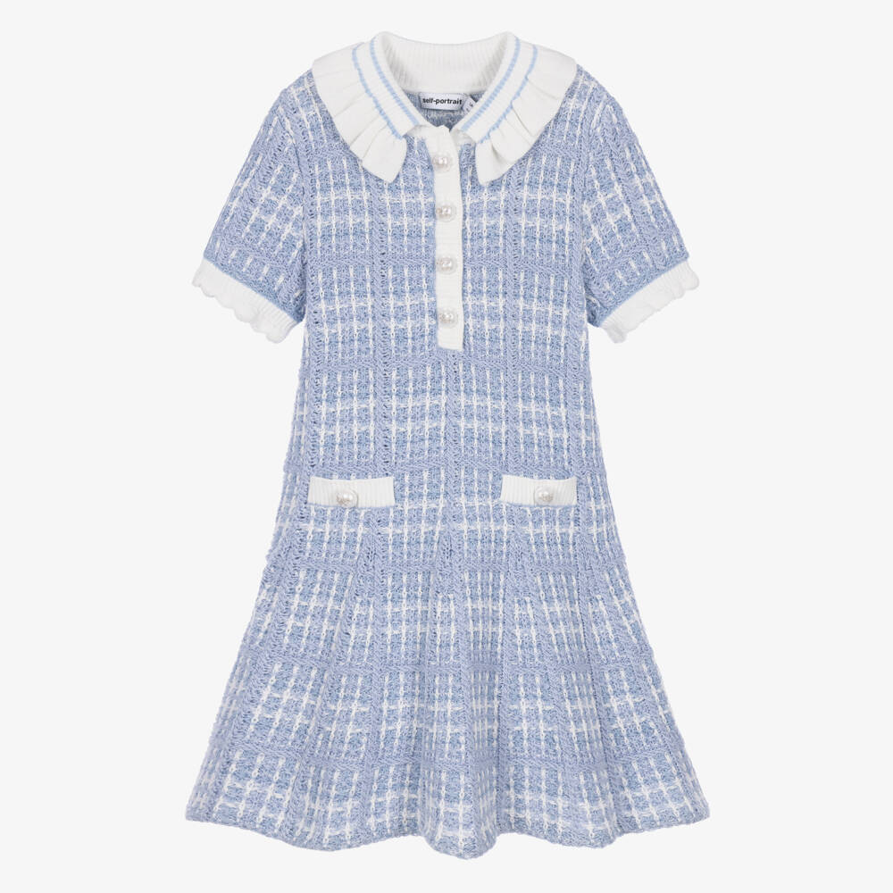 Self-Portrait-Girls Blue & White Knitted Dress with Ruffled Collar | Childrensalon