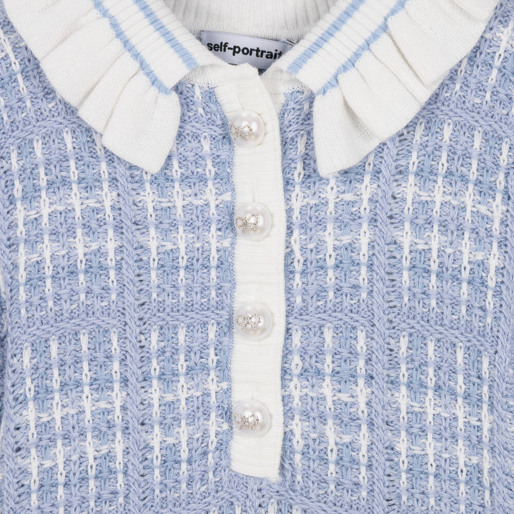 Self-Portrait-Girls Blue & White Knitted Dress with Ruffled Collar | Childrensalon