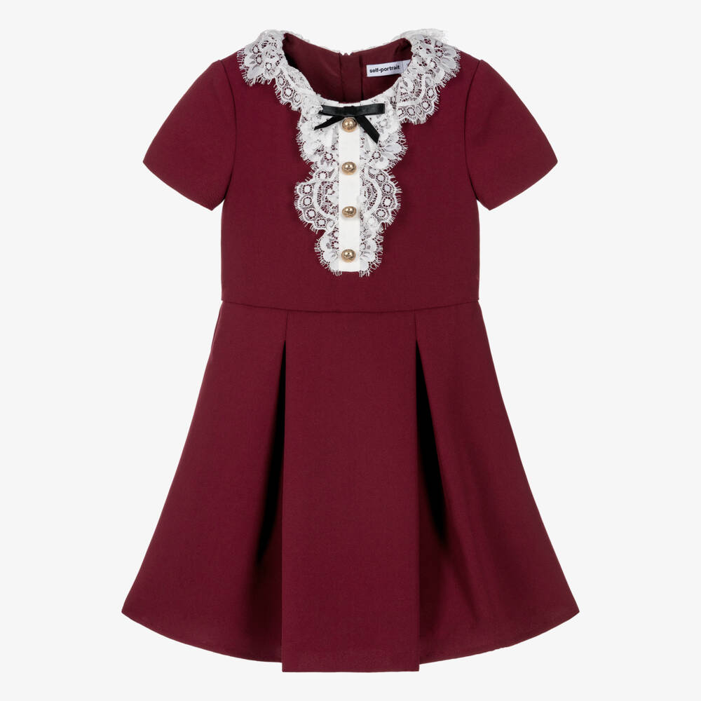 Self-Portrait-Girls Burgundy Red Dress with Lace Collar | Childrensalon