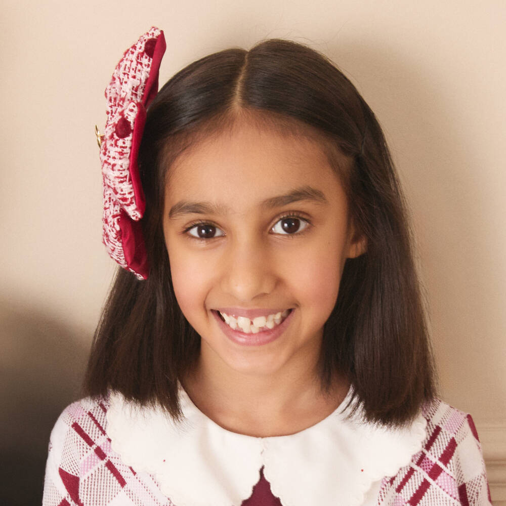 Self-Portrait-Girls Burgundy Red Tweed Polka Dot Bow Hair Clip (14cm) | Childrensalon