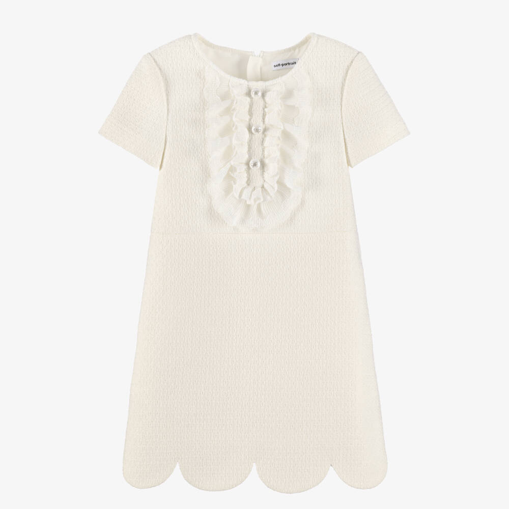 Self-Portrait-Girls Cream Tweed Dress with Scalloped Hem | Childrensalon