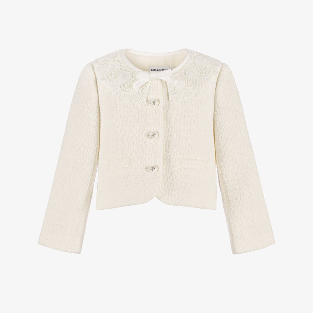 Self-Portrait-Girls Cream Tweed Jacket with Lace Collar | Childrensalon