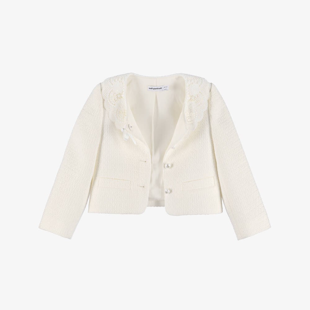 Self-Portrait-Girls Cream Tweed Jacket with Lace Collar | Childrensalon