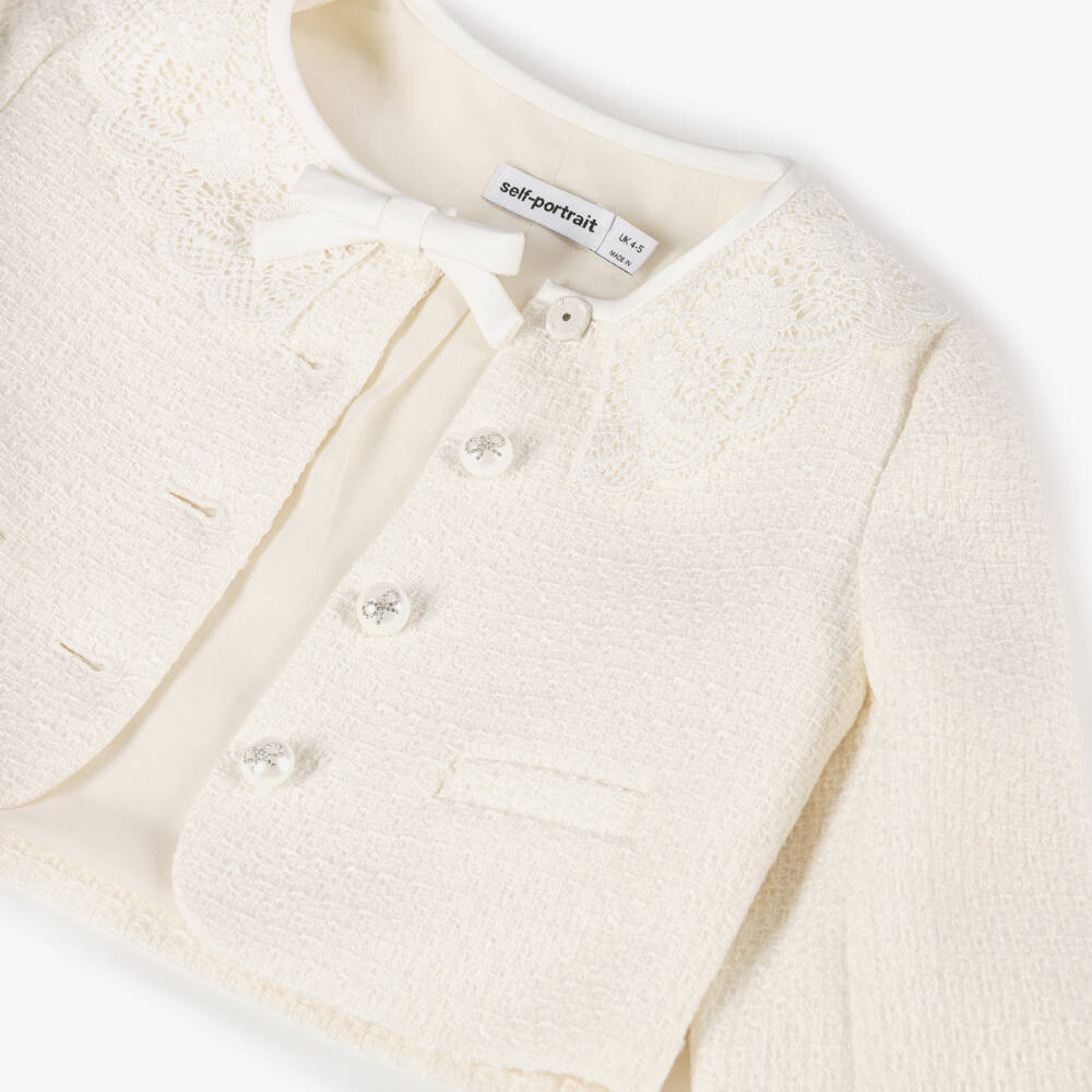 Self-Portrait-Girls Cream Tweed Jacket with Lace Collar | Childrensalon