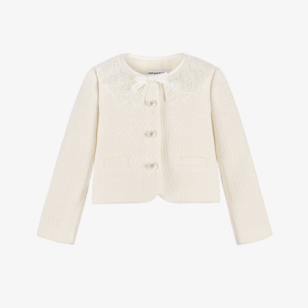 Self-Portrait-Girls Cream Tweed Jacket with Lace Collar | Childrensalon