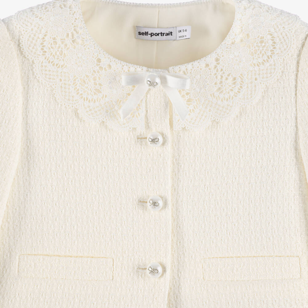 Self-Portrait-Girls Cream Tweed Jacket with Lace Collar | Childrensalon