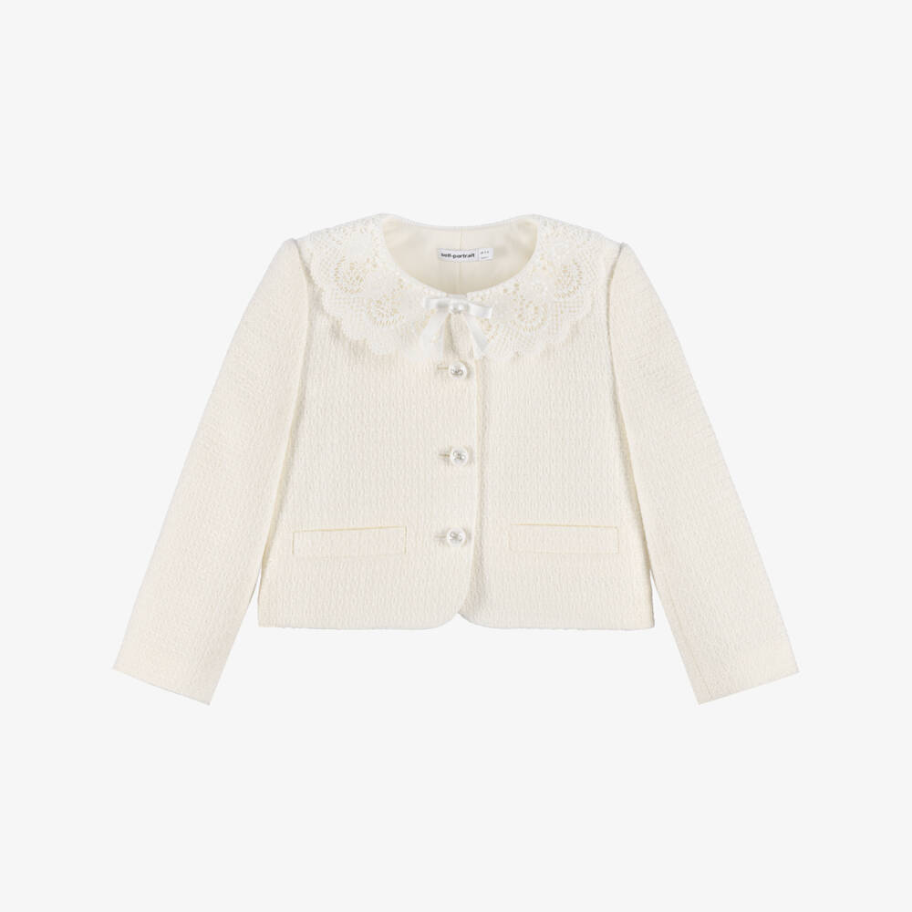 Self-Portrait-Girls Cream Tweed Jacket with Lace Collar | Childrensalon