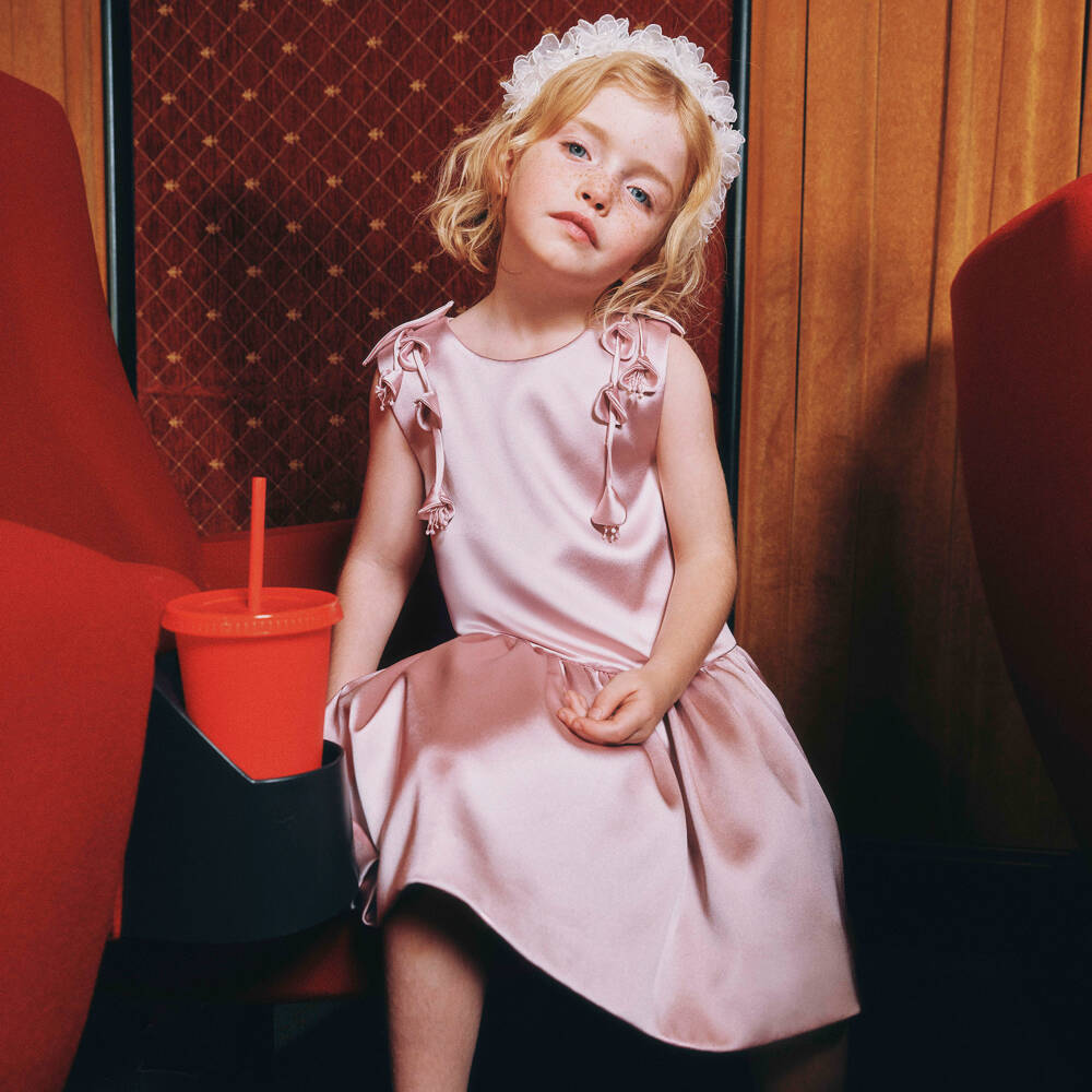 Self-Portrait-Girls Dusky Pink Satin 3D Flower Dress | Childrensalon