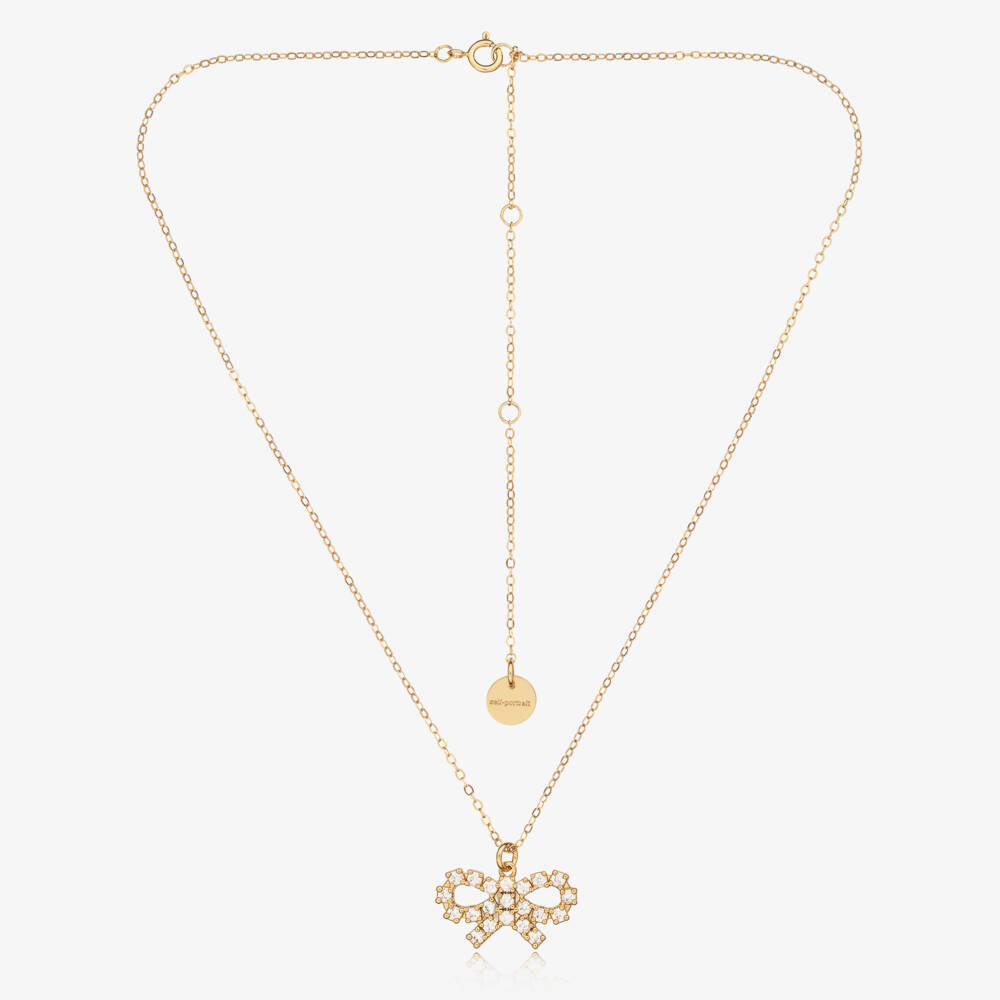 Self-Portrait-Girls Gold Micro Crystal Bow Necklace (50cm) | Childrensalon
