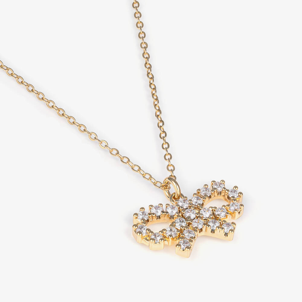 Self-Portrait-Girls Gold Micro Crystal Bow Necklace (50cm) | Childrensalon