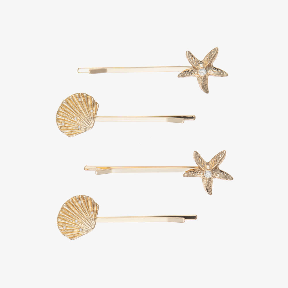 Self-Portrait-Girls Gold Tone Shell & Starfish Hair Slides (4 Pack) | Childrensalon