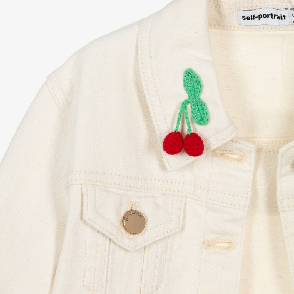Self-Portrait-Girls Ivory Denim Jacket with Cherry Motifs | Childrensalon