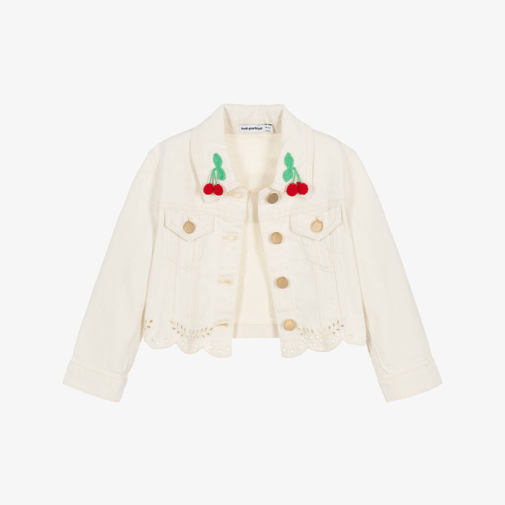 Self-Portrait-Girls Ivory Denim Jacket with Cherry Motifs | Childrensalon