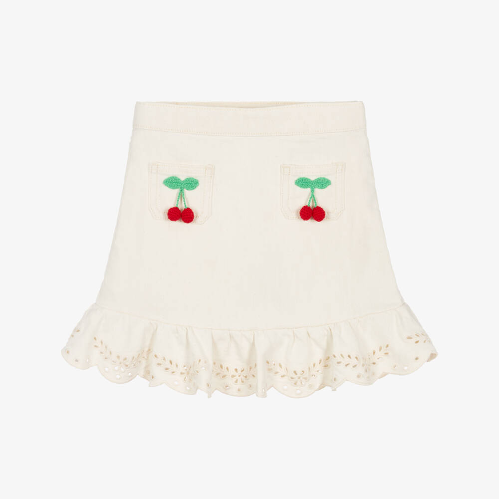 Self-Portrait-Girls Ivory Denim Skirt with Cherry Motifs | Childrensalon