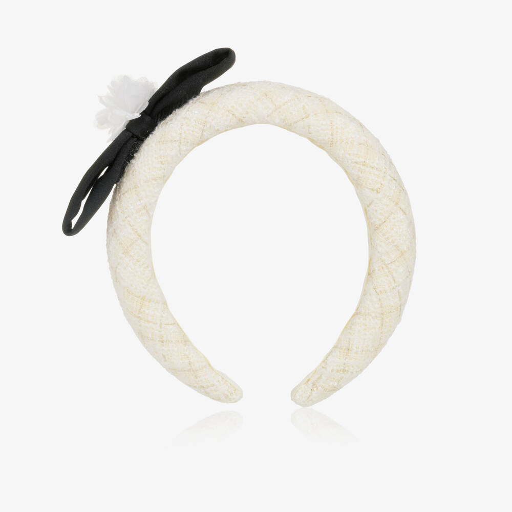 Self-Portrait-Girls Ivory & Gold Tweed Hairband with Black Bow | Childrensalon