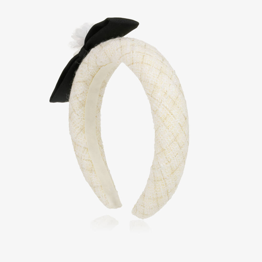 Self-Portrait-Girls Ivory & Gold Tweed Hairband with Black Bow | Childrensalon