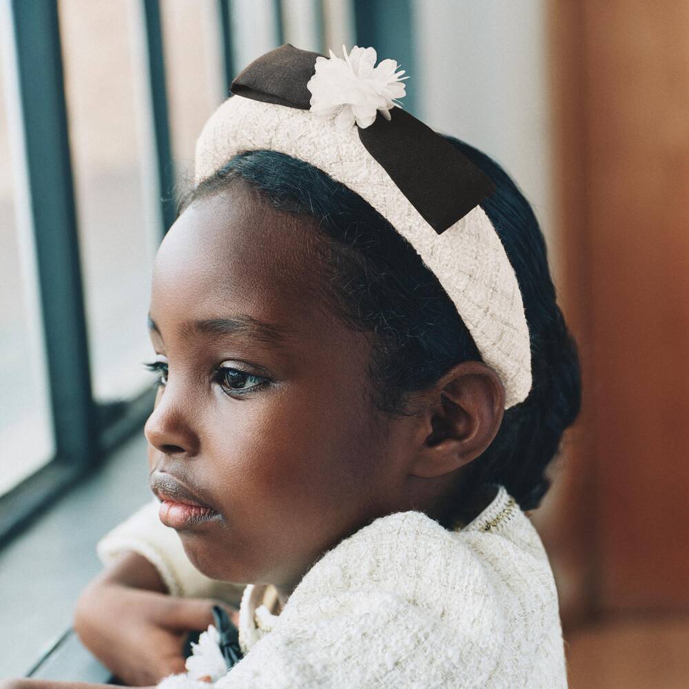 Self-Portrait-Girls Ivory & Gold Tweed Hairband with Black Bow | Childrensalon