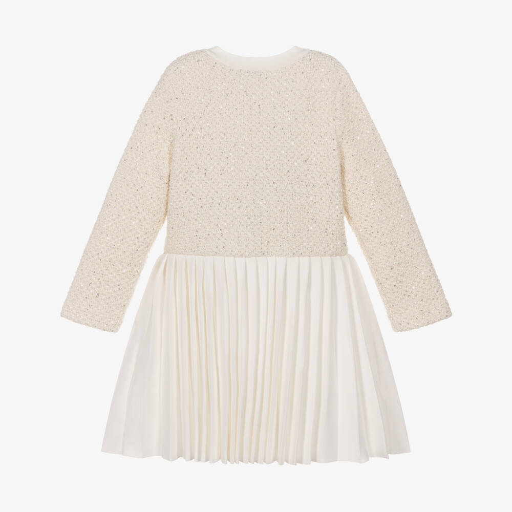 Self-Portrait-Girls Ivory Knitted Pleated Dress with Pearl Bows | Childrensalon