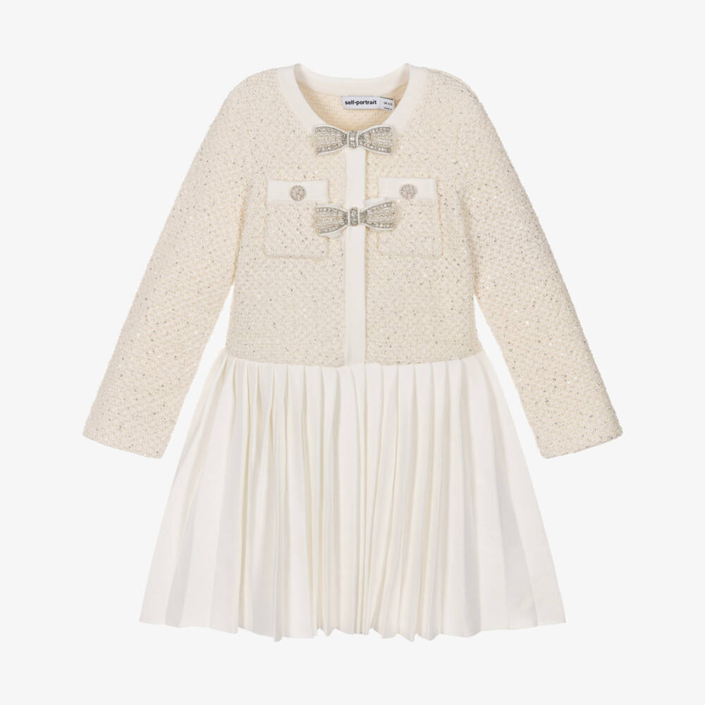 Self-Portrait-Girls Ivory Knitted Pleated Dress with Pearl Bows | Childrensalon