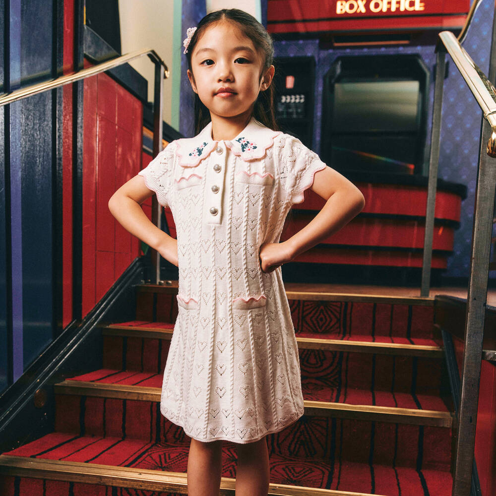 Self-Portrait-Girls Ivory Pointelle Knit Heart Patterned Dress | Childrensalon
