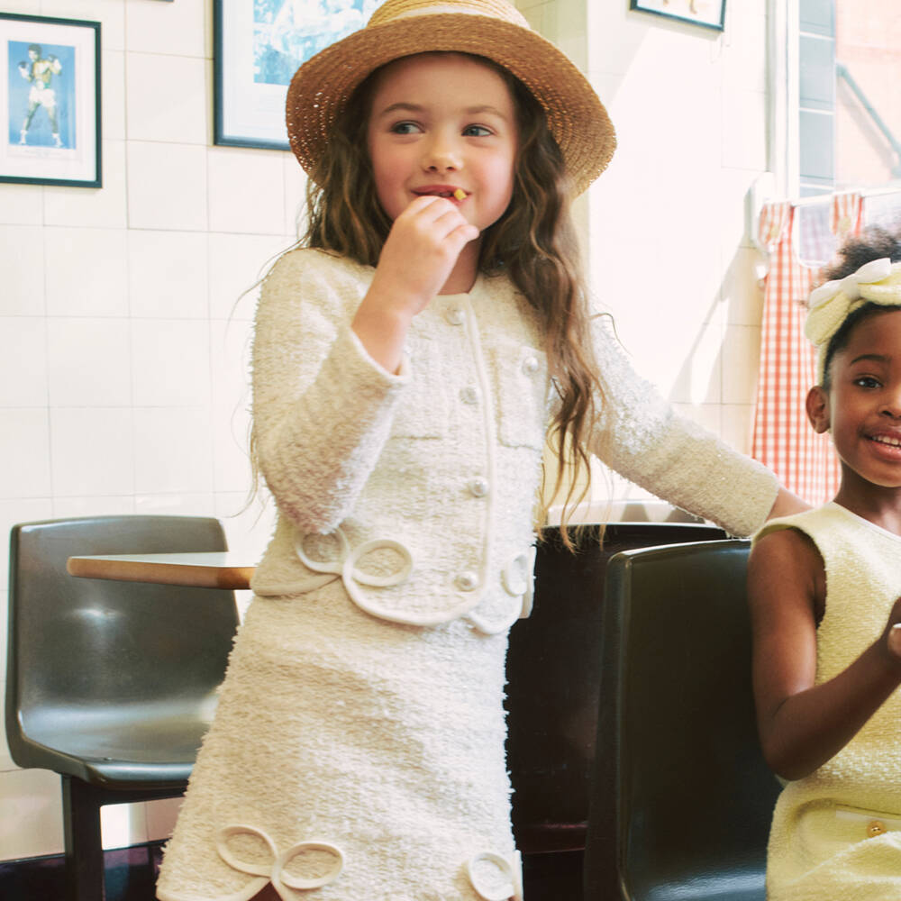 Self-Portrait-Girls Ivory Sequin Tweed Jacket with Bow Detailing | Childrensalon