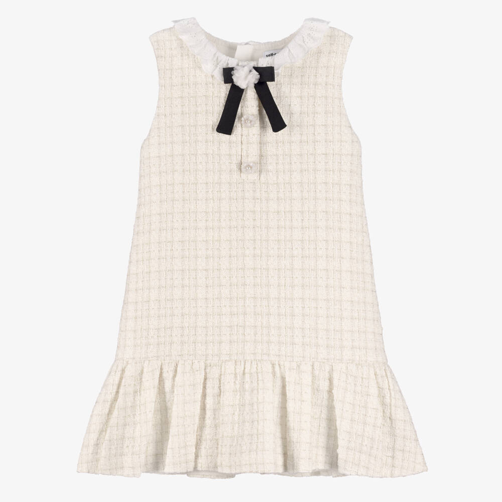 Self-Portrait-Girls Ivory Tweed Dress with Cutwork Collar | Childrensalon