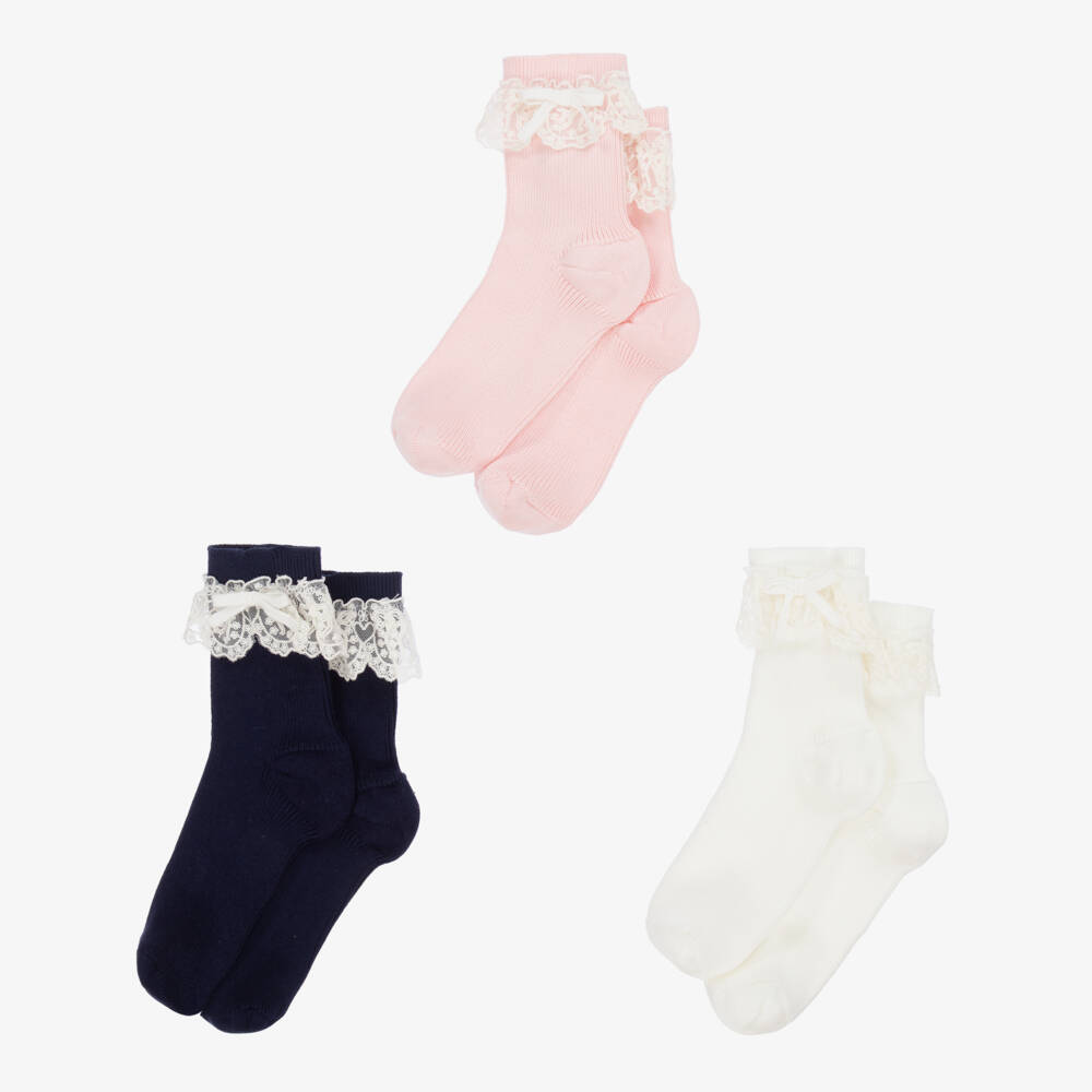Self-Portrait-Girls Lace Trim Bow Socks (3 Pack) | Childrensalon