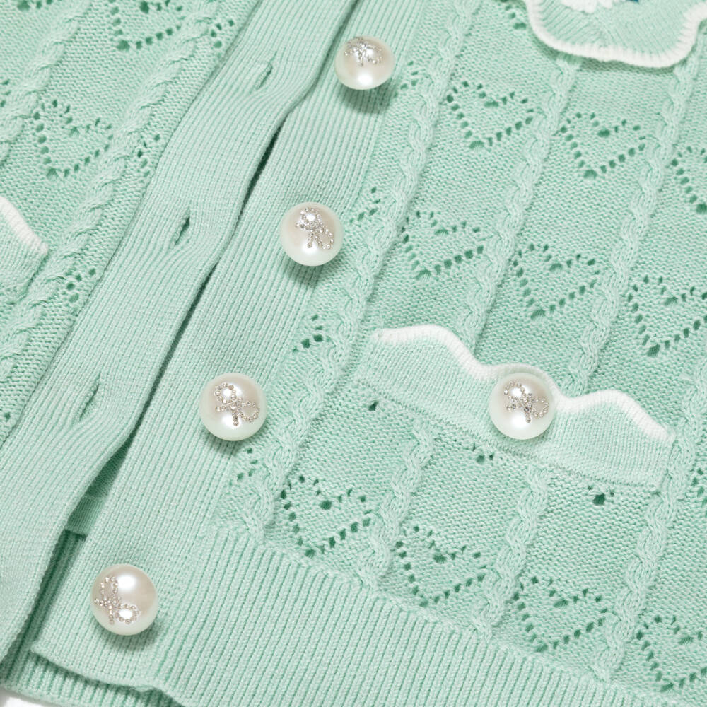 Self-Portrait-Girls Mint Green Heart Pointelle Knit Cardigan | Childrensalon