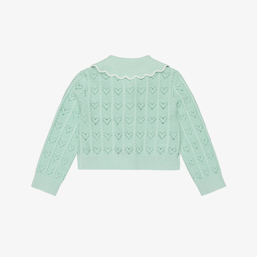 Self-Portrait-Girls Mint Green Heart Pointelle Knit Cardigan | Childrensalon