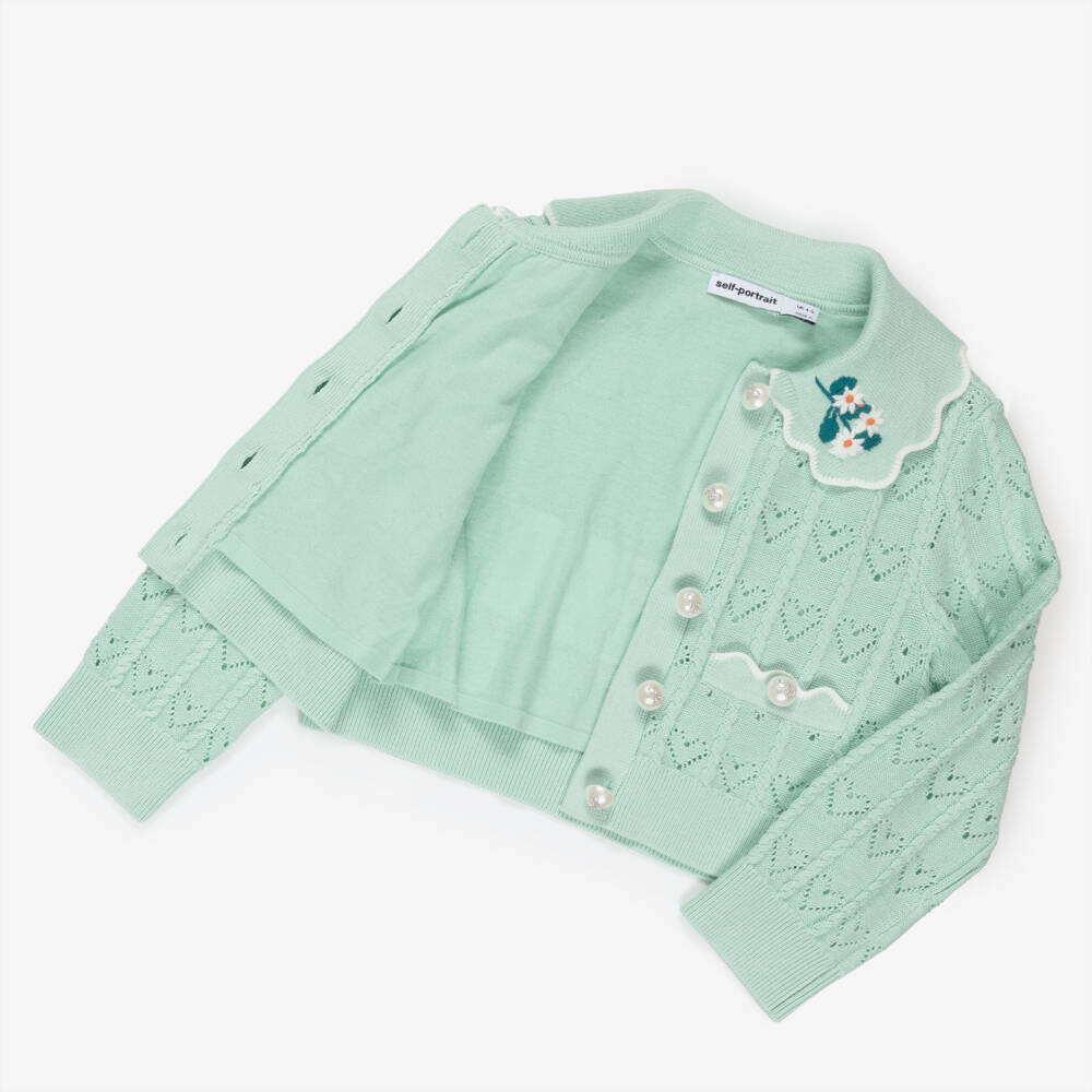 Self-Portrait-Girls Mint Green Heart Pointelle Knit Cardigan | Childrensalon