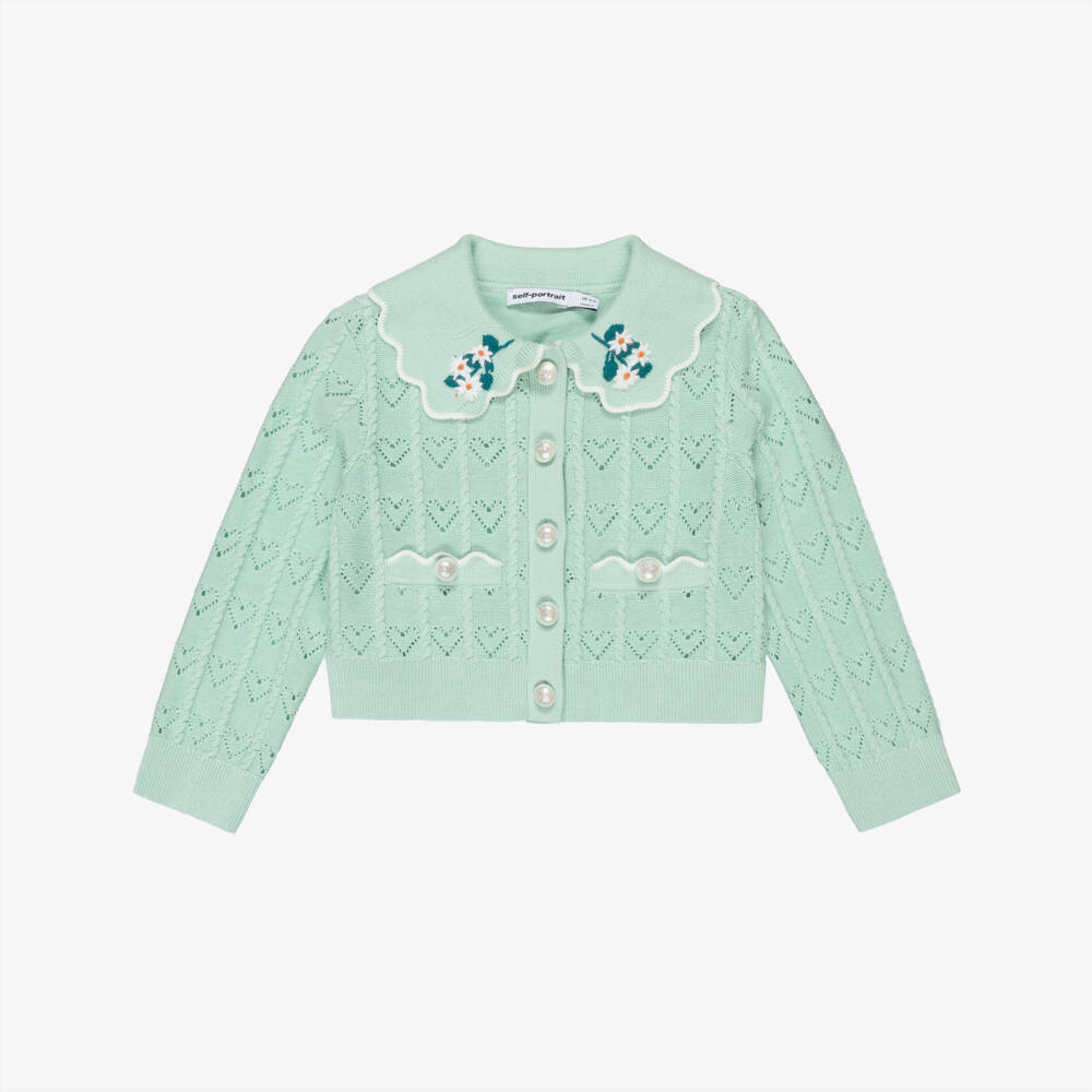 Self-Portrait-Girls Mint Green Heart Pointelle Knit Cardigan | Childrensalon