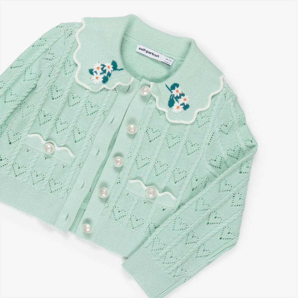 Self-Portrait-Girls Mint Green Heart Pointelle Knit Cardigan | Childrensalon