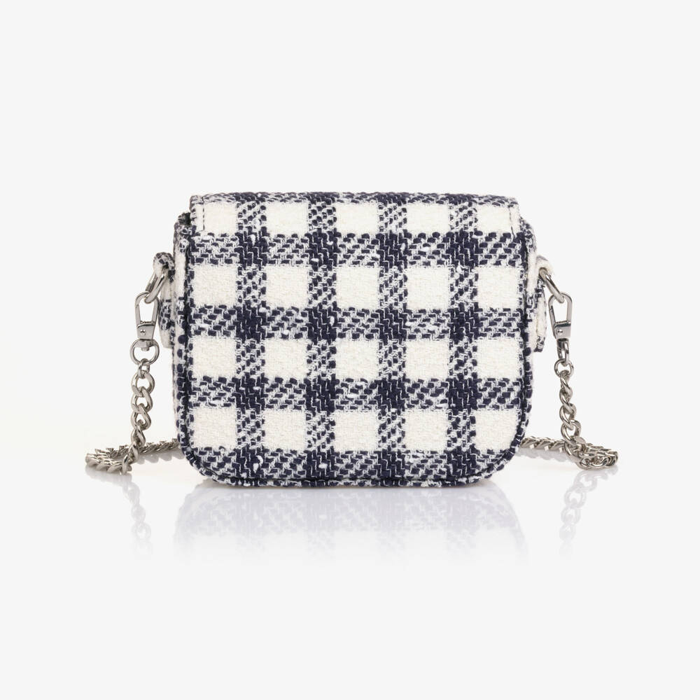 Self-Portrait-Girls Navy Blue & Ivory Check Bouclé Handbag (12cm) | Childrensalon