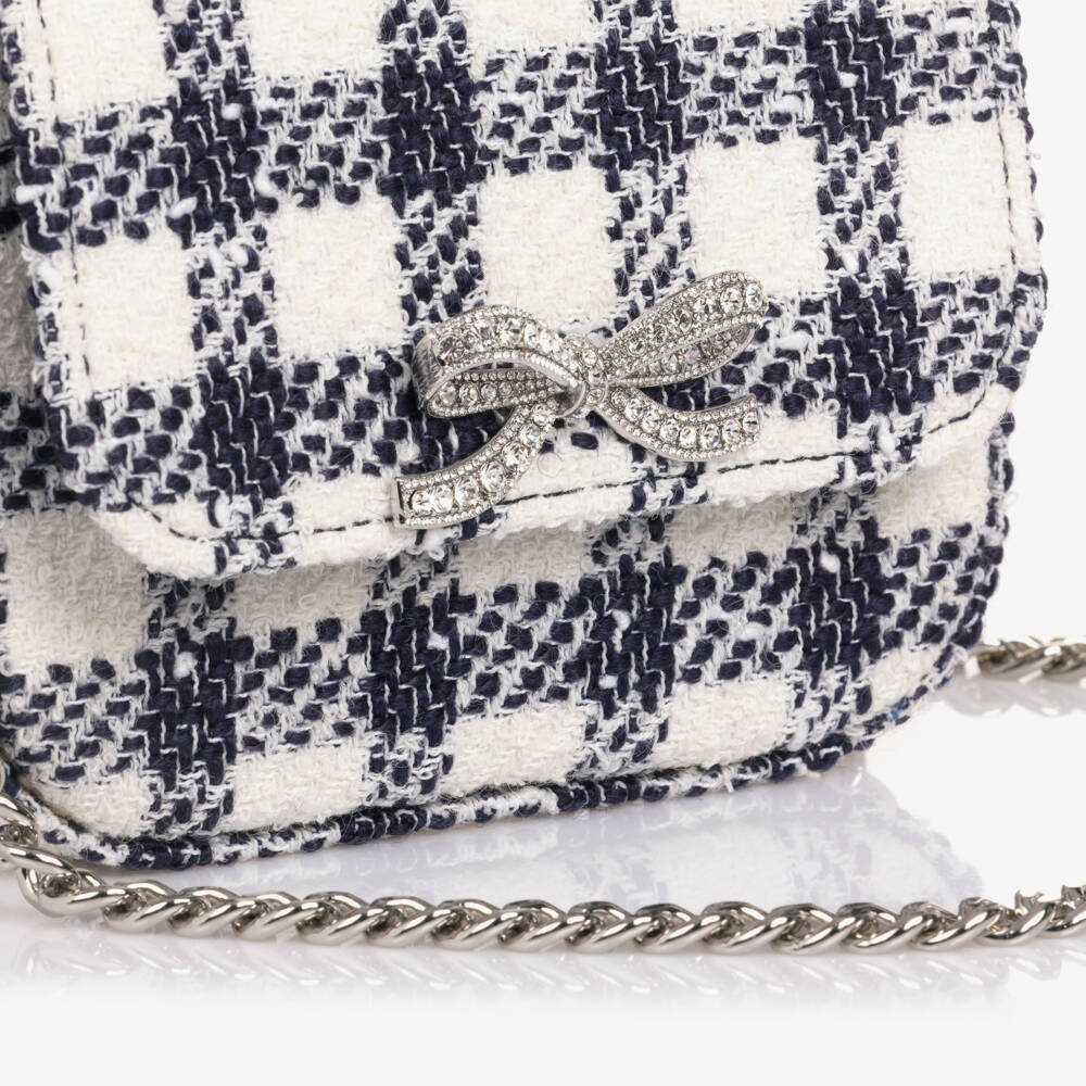 Self-Portrait-Girls Navy Blue & Ivory Check Bouclé Handbag (12cm) | Childrensalon