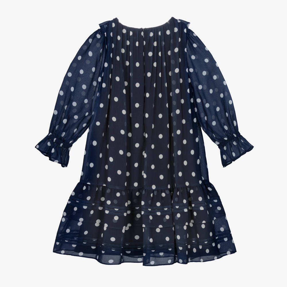 Self-Portrait-Girls Navy Blue Polka Dot Chiffon Dress | Childrensalon