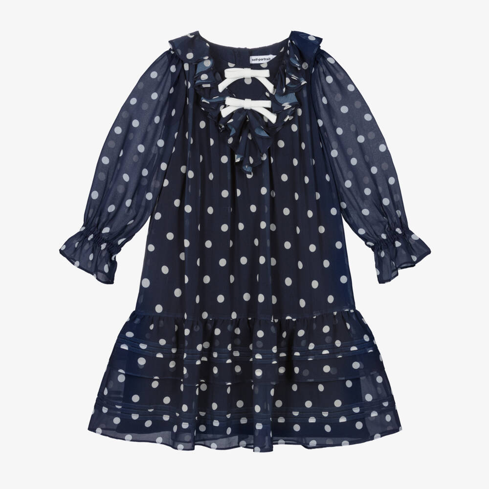 Self-Portrait-Girls Navy Blue Polka Dot Chiffon Dress | Childrensalon