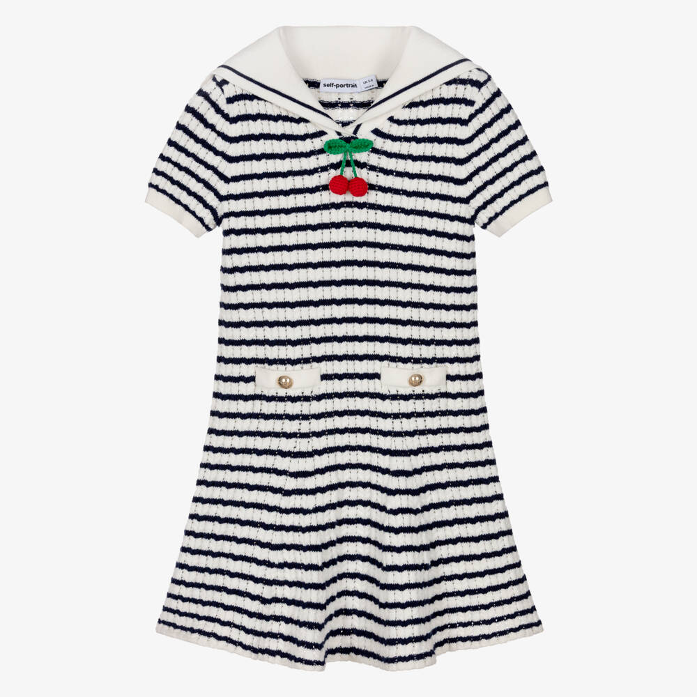 Self-Portrait-Girls Navy Blue & White Stripe Knitted Dress | Childrensalon