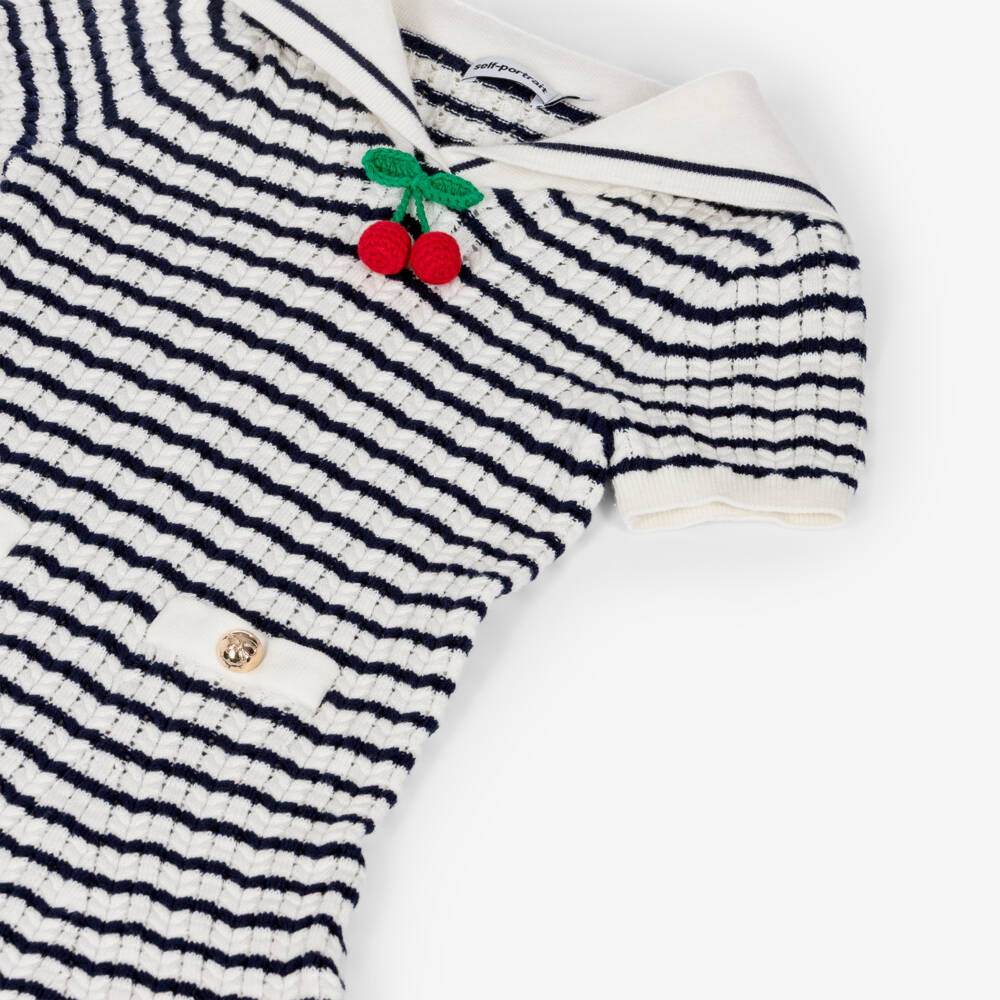 Self-Portrait-Girls Navy Blue & White Stripe Knitted Dress | Childrensalon