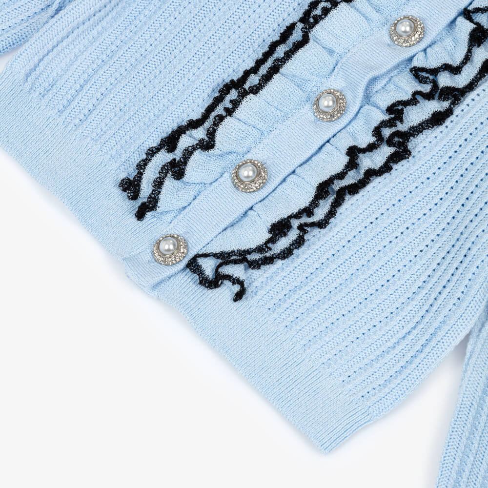 Self-Portrait-Girls Pale Blue Pointelle Knitted Cardigan | Childrensalon