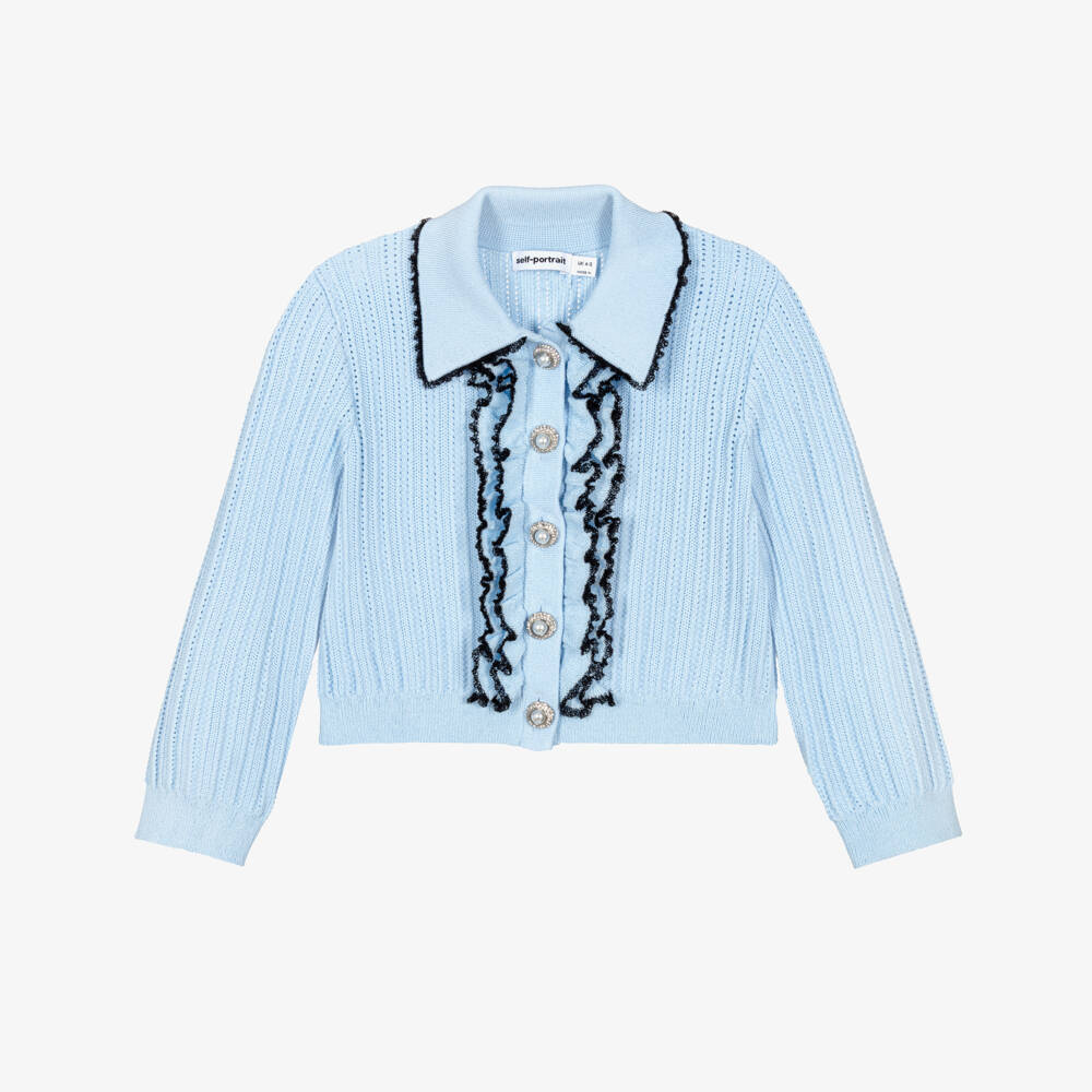 Self-Portrait-Girls Pale Blue Pointelle Knitted Cardigan | Childrensalon