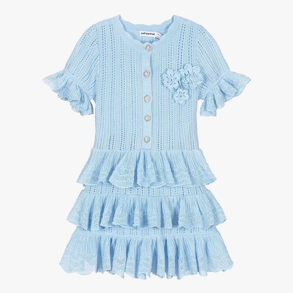 Self-Portrait-Платье голубое из трикотажа с ажурным узором для девочек | Childrensalon