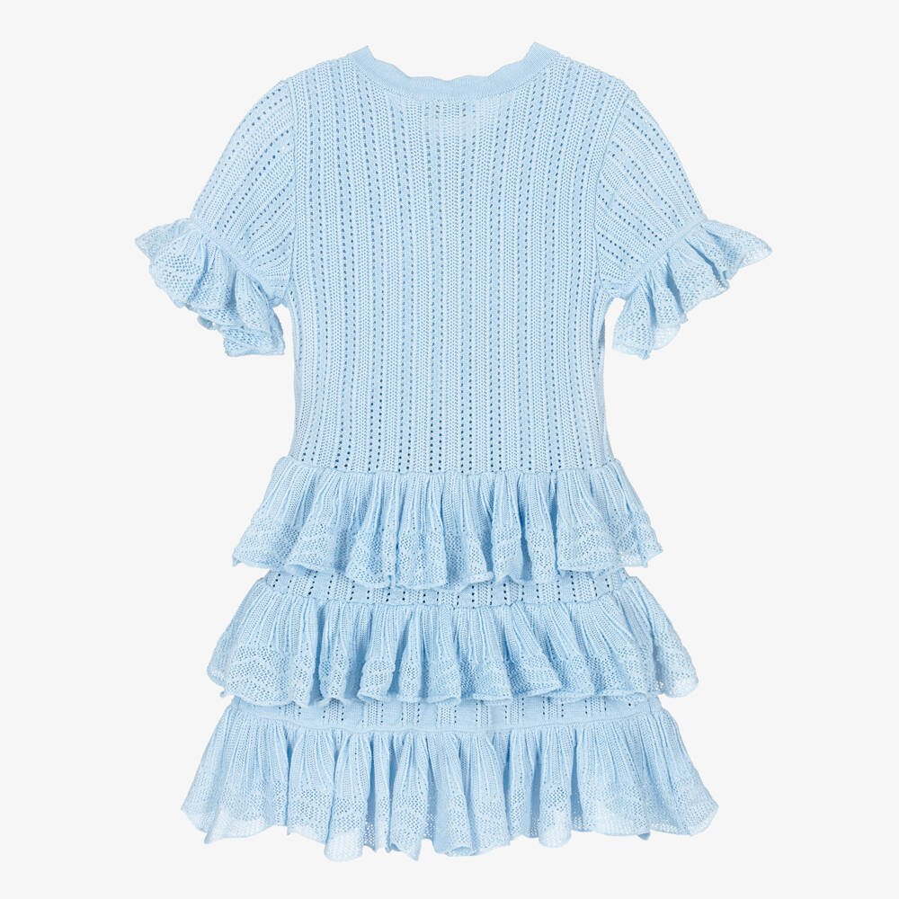 Self-Portrait-Платье голубое из трикотажа с ажурным узором для девочек | Childrensalon