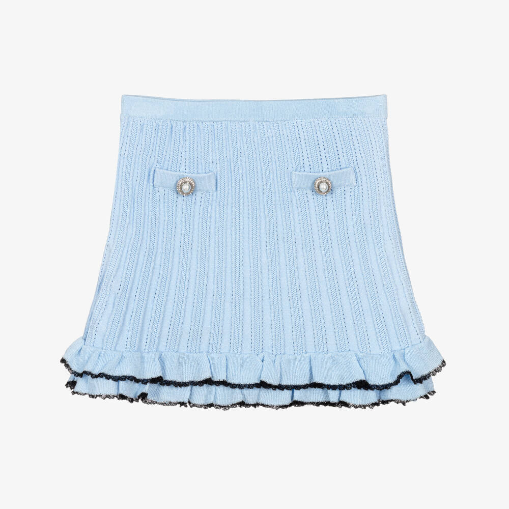 Self-Portrait-Girls Pale Blue Pointelle Knitted Skirt | Childrensalon