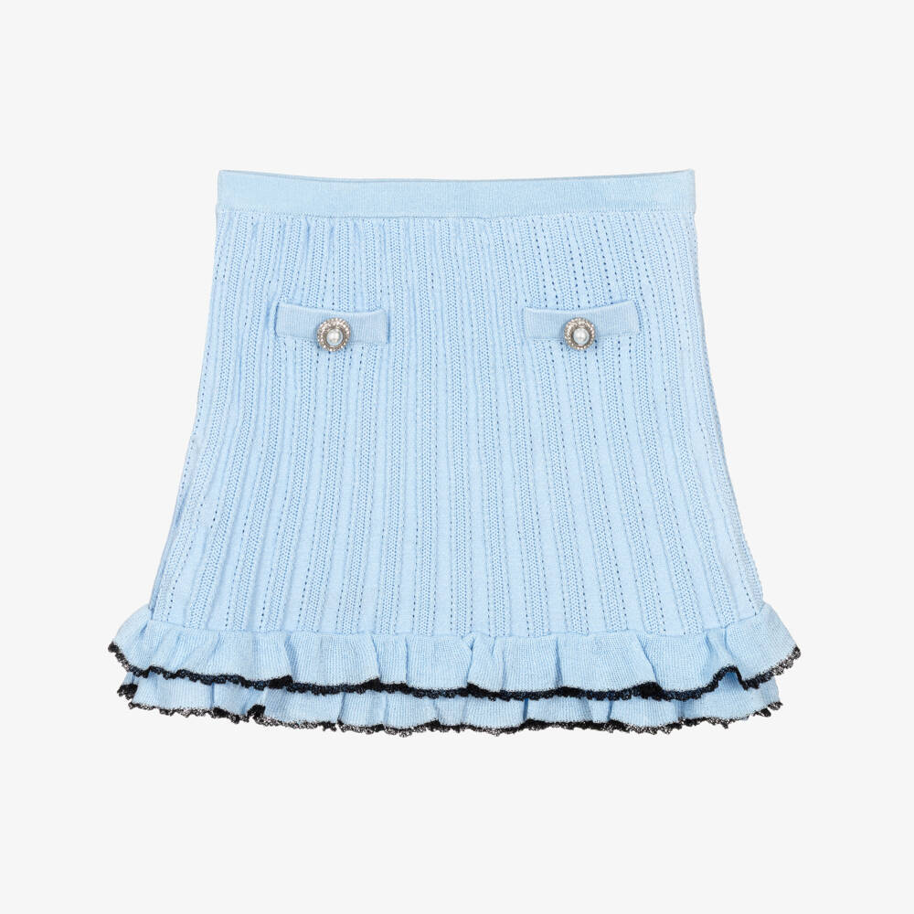 Self-Portrait-Girls Pale Blue Pointelle Knitted Skirt | Childrensalon