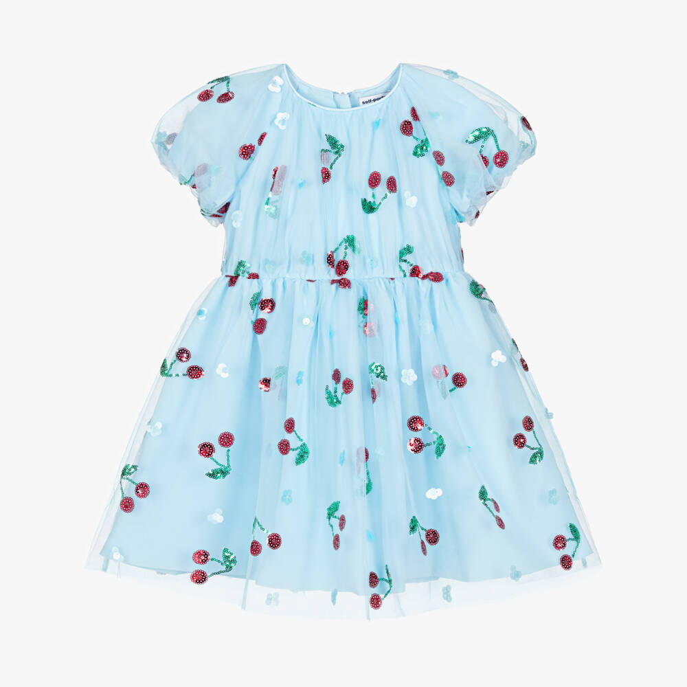 Self-Portrait-Girls Pale Blue Tulle Dress with Sequin Cherries | Childrensalon