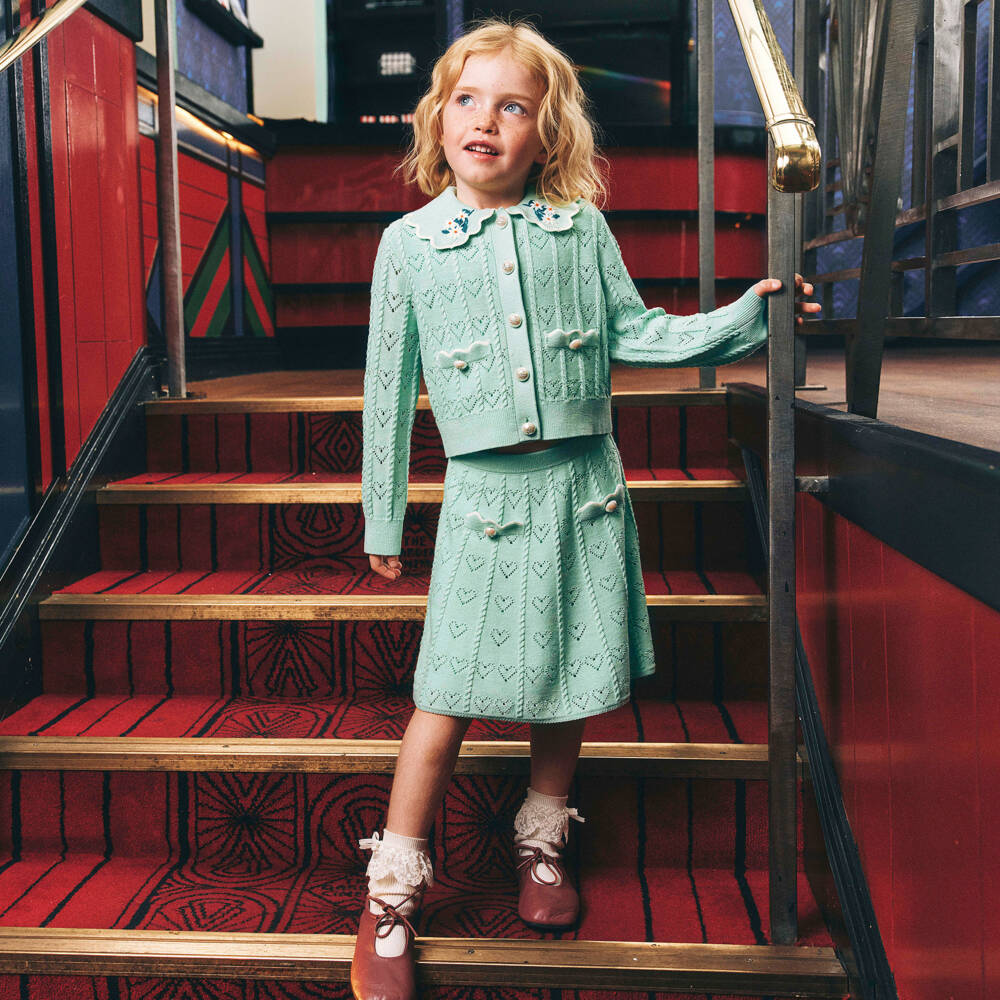 Self-Portrait-Girls Pale Green Knit Heart Skirt with Bow Logo Buttons | Childrensalon