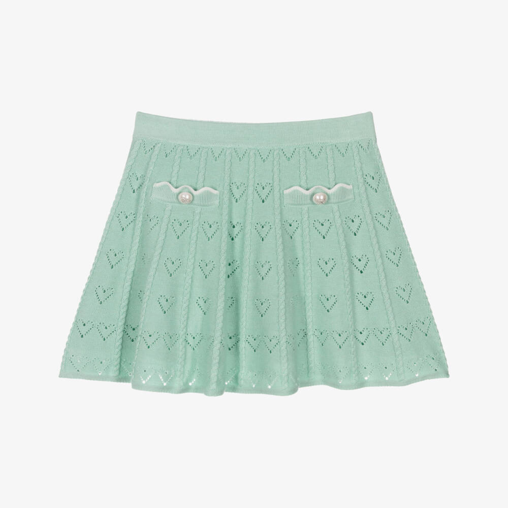Self-Portrait-Юбка зеленая из трикотажа с сердечками и пуговицами для девочек | Childrensalon