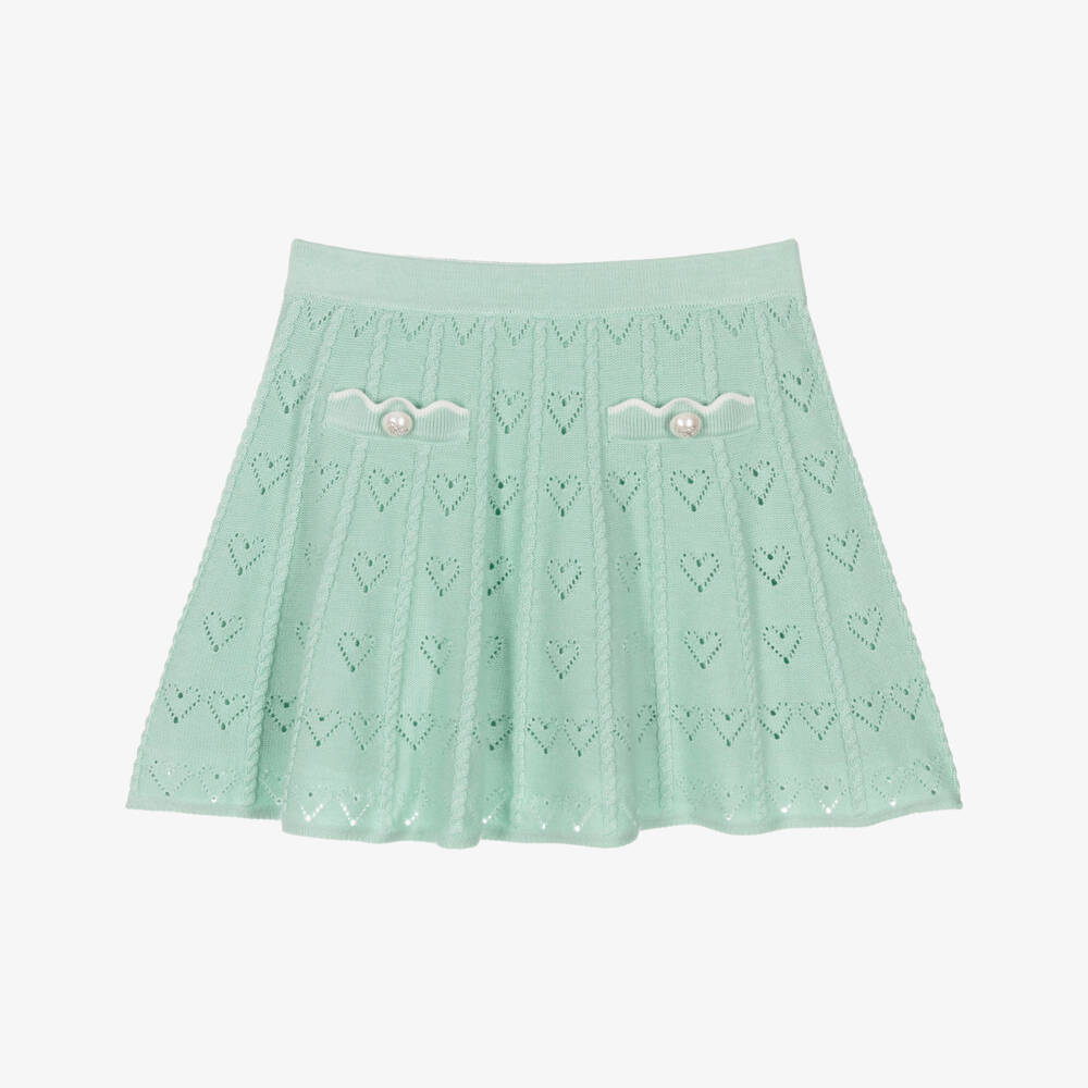 Self-Portrait-Girls Pale Green Knit Heart Skirt with Bow Logo Buttons | Childrensalon