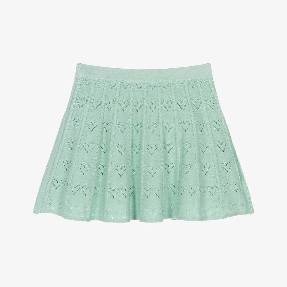 Self-Portrait-Girls Pale Green Knit Heart Skirt with Bow Logo Buttons | Childrensalon
