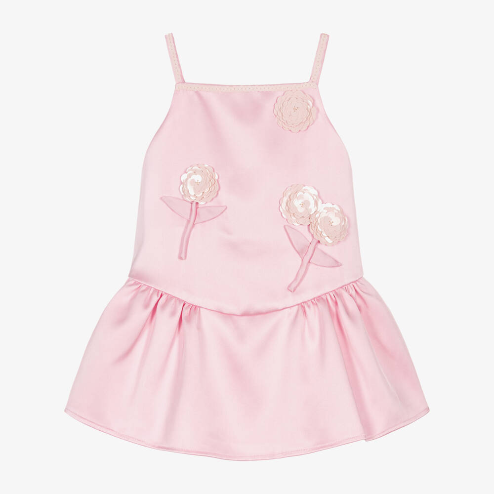 Self-Portrait-Girls Pastel Pink Satin Dress with Sequin Flowers | Childrensalon